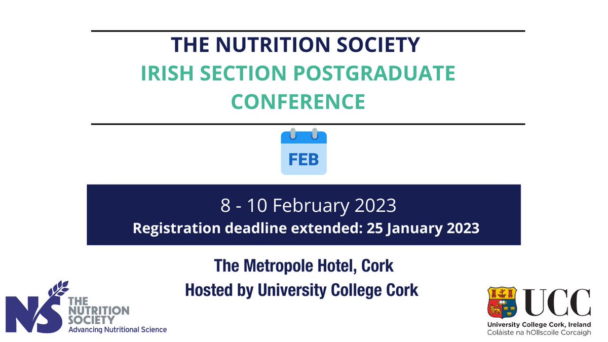 The registration deadline for the upcoming Nutrition Society Irish Section Postgraduate Conference taking place in Cork’s beautiful Metropole hotel on 8-10 Feb 2023 has been extended to this Wednesday 25th of Jan! More info & registration details at: nutritionsociety.org/events/irish-s…