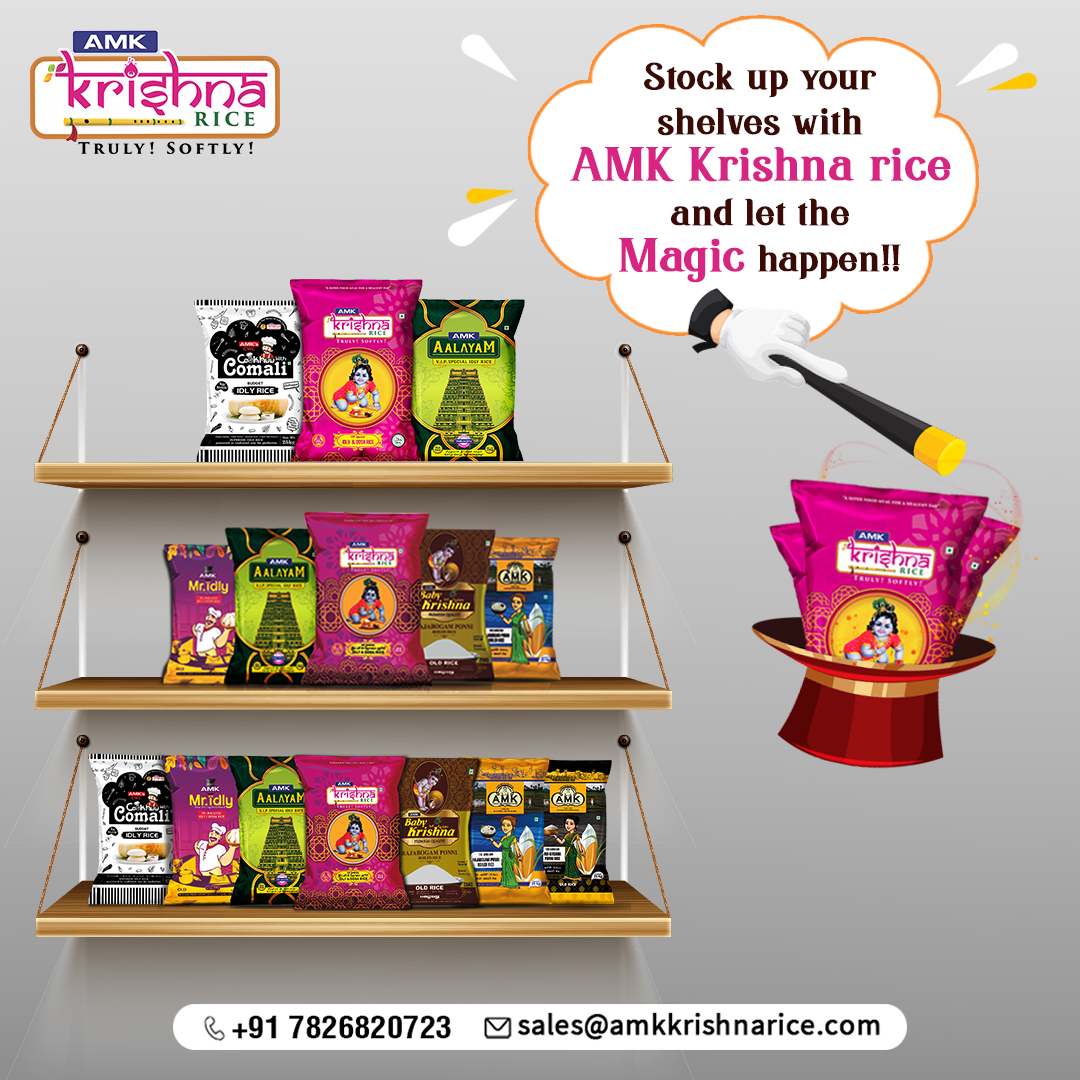 amkkrishnaidli's tweet photo. Decor your shelves with the top in class AMK Krishna rice that's a choice of many!
For more details visit: https://t.co/NBwsBWdcwN 
For more information mail us at customercare@amkkrishnarice.com
#rice #testimonial #meals #idly #IdliRice #konguspecial #Kangeyam #qualityrice #b2b https://t.co/VT2zScdlSJ