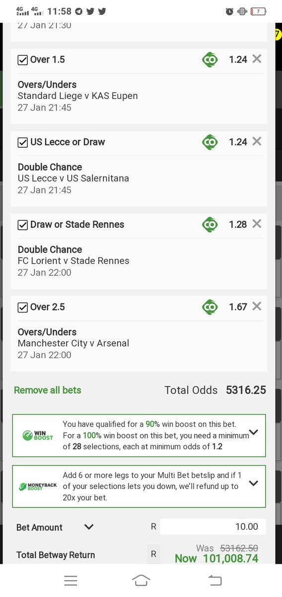 Here's the 5316 odds I promised

I WILL FOLLOW EVERYONE WHO RETWEETS

I will edit this slip and share it with my VIP Group. It's ONLY R100 ONCEOFF to join my VIP Group. DM me if you want to join my VIP Group

Code: X41F07540 betway.co.za/bookabet/X41F0…