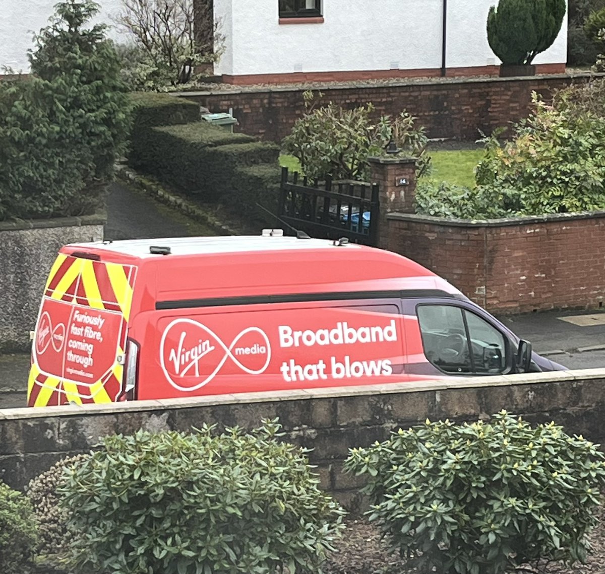 Had a visit from <a href="/virginmedia/">Virgin Media ❤️</a> today. The vans don’t work very well when parked in front of a low wall 😂
