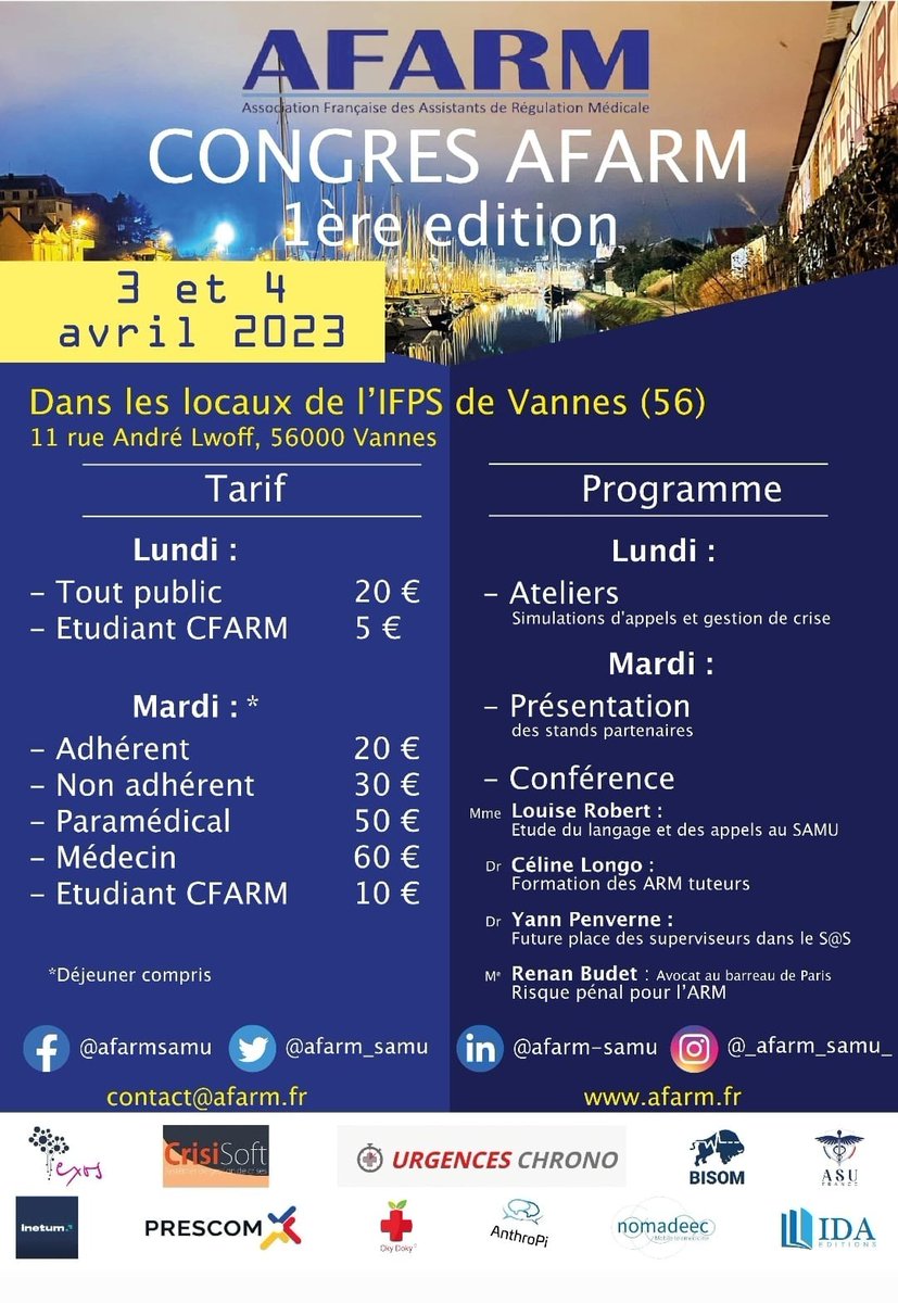 [ 🚨📢 IMPORTANT 📢🚨 ]

▶️🔵 1er CONGRÈS <a href="/AFARM_SAMU/">AFARM</a> 🔵◀️

🔵 Les membres du bureau #AFARM sont heureux de vous annoncer la première édition de leur Congrès qui aura lieu les 3 et 4 Avril 2023 dans les locaux de l' IFPS de #Vannes.

helloasso.com/associations/a…