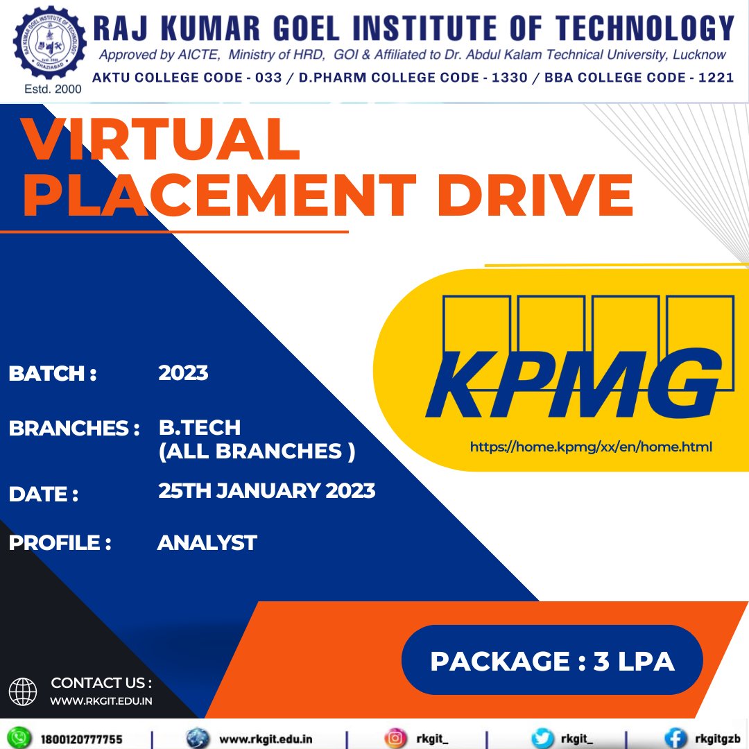 𝐊𝐏𝐌𝐆 𝐈𝐧𝐭𝐞𝐫𝐧𝐚𝐭𝐢𝐨𝐧𝐚𝐥 𝐋𝐭𝐝. Conducting a #virtualplacement drive
📅Date: 25th January 2023
🛄 Branches Allowed:  B.Tech (All Branches)
🧑🏻‍🎓 Batch: 2023
💰 CTC: 3.00 LPA
#getyourselfplaced #engineering  #BTech  #ECE #civil #EEE #CSE #ME #KPMG