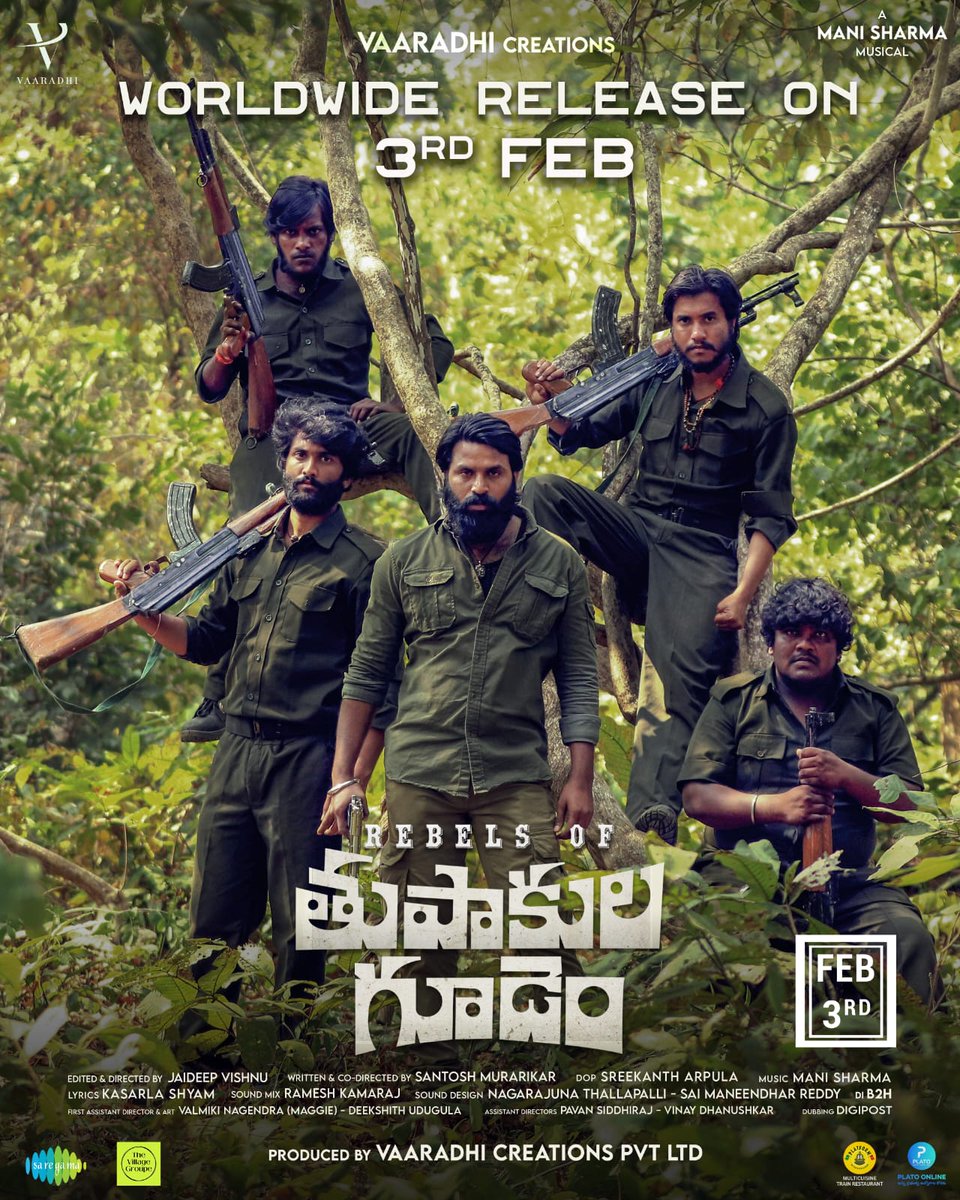 Vamsi Kaka (@vamsikaka) on Twitter photo Witness the world of Thupakulagudem &
Meet the Rebels in cinemas as #Thupakulagudem is releasing on February 3rd
<a href="/jaiyetrimakana/">Jaiyetri Makana</a> <a href="/LyricsShyam/">Kasarla Shyam</a> <a href="/PraveenKandela/">Praveen Kandela</a> #ManiSharma <a href="/SRIKANTHBUKYA6/">Shrikant Rathod</a> @DeepIntoJai <a href="/SantoshMurarik1/">Santosh Murarikar</a> <a href="/Sreekanth_dop/">Sreekanth Arpula</a>
#bsp <a href="/PROSaiSatish/">Sai Satish</a> Witness the world of Thupakulagudem &
Meet the Rebels in cinemas as #Thupakulagudem is releasing on February 3rd
<a href="/jaiyetrimakana/">Jaiyetri Makana</a> <a href="/LyricsShyam/">Kasarla Shyam</a> <a href="/PraveenKandela/">Praveen Kandela</a> #ManiSharma <a href="/SRIKANTHBUKYA6/">Shrikant Rathod</a> @DeepIntoJai <a href="/SantoshMurarik1/">Santosh Murarikar</a> <a href="/Sreekanth_dop/">Sreekanth Arpula</a>
#bsp <a href="/PROSaiSatish/">Sai Satish</a>