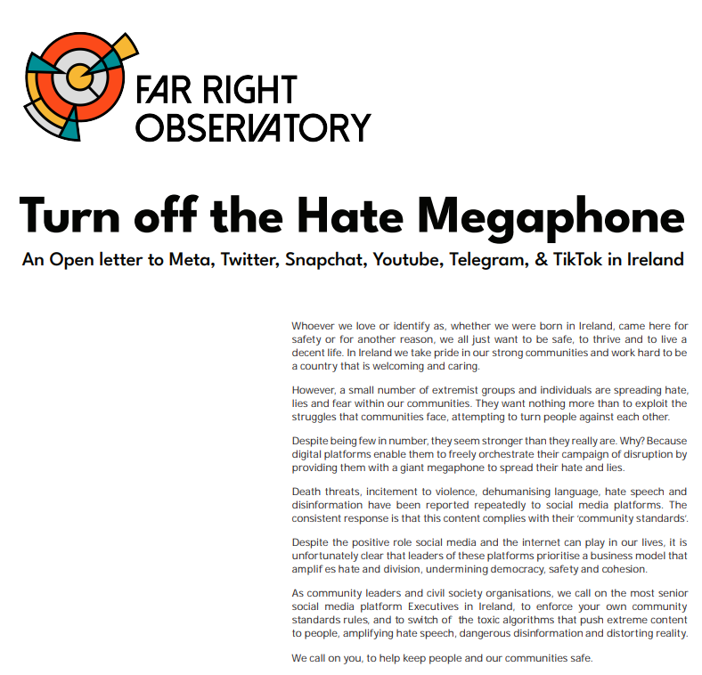 WGRC_D12's tweet photo. We are proud to stand with 129 groups calling on social media executives to stop handing a small group of far right orchestrators a megaphone to whip up fear, hate &amp; division in our communities. Please stand with us @LeoVaradkar @MichealMartinTD @EamonRyan #TurnOffTheHateMachine https://t.co/OUNZc5yV6F