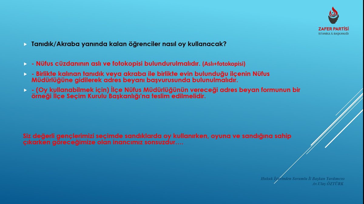 2023 Genel seçimlerinde gençler oyunu kullanabilmek için ne yapmalıdır...?

Siz ve oyunuz bu ülke için çok değerli hepinizi sandıklarda oyunuza ve sandığınıza sahip çıkmaya davet ediyoruz....