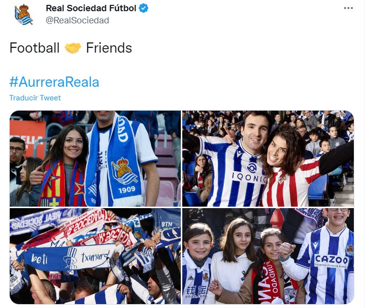 elchiringuitotv's tweet photo. ＂𝐅𝐮𝐭𝐛𝐨𝐥 🤝𝐀𝐦𝐢𝐠𝐨𝐬＂

🧐 El tuit de la @RealSociedad... ¿con mensaje al Barça? 

🏟️ El club azulgrana ha prohibido entrar al Camp Nou a los aficionados que acudan con una camiseta rival. https://t.co/F9AsYH0d2e