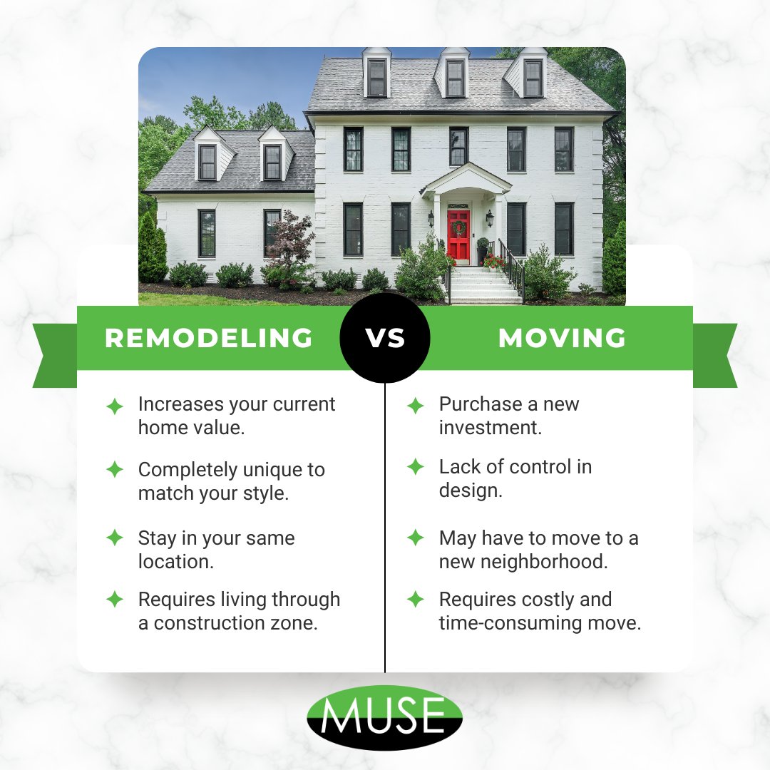 ResidentialMuse's tweet photo. Do I move or do I remodel? 🤔
Well, the answer depends. 
Here is a list comparing the two so you can see what works best for you! 

If a remodel if what you may need, visit our website at https://t.co/Ukz24eSGPM or call us at 704-795-4500 to see how we can help! https://t.co/e8RIlr3nUy