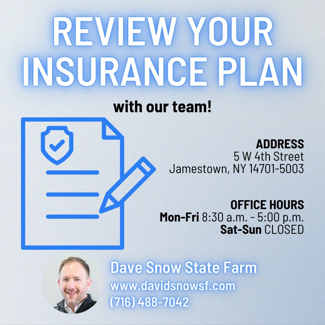 davidsnowSF's tweet image. Do you need help checking your insurance plan? Please call or visit our team so we can help look over your plan today! (716) 488-7042 #DaveSnowStateFarm #Insurance #InsuranceNeeds