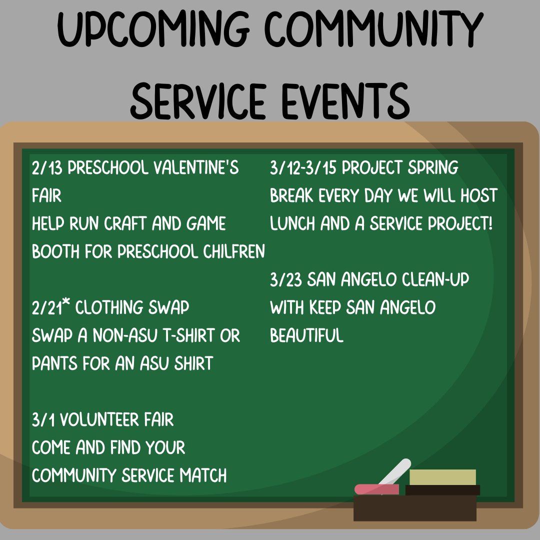 Here are the upcoming community service events!

If you or your organization would like to sign up email or call us at volunteer@angelo.edu and (325) 942-2062!