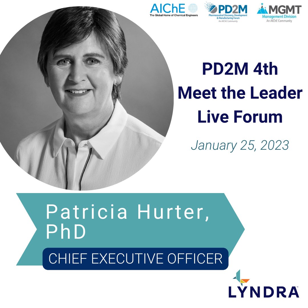 Our CEO <a href="/TrishHurter/">Patricia Hurter</a> will be speaking on her career journey and the future of pharma in a virtual “Meet the Leader” session brought to you by <a href="/ChEnected/">American Institute of Chemical Engineers (AIChE)</a>. The live webinar will take place on January 25 from 11 am-12pm ET. Register here: lnkd.in/gTHK7yzE 
 
#Lyndra #PD2M