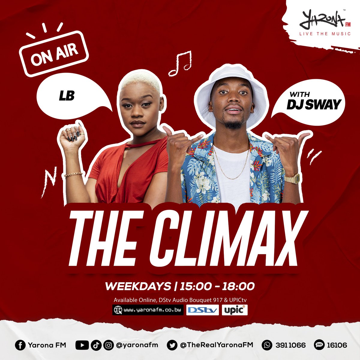 yaronafm's tweet photo. #TheClimax
@swaythadj & @lebowaLBmoroen are ON AIR! 📻🎶🎧
They're playing a game of #TruthOrFalse; it's simple - you send a VoiceNote to +267 3911066 telling them a story and they guess if its true or false. Are you a good storyteller? TUNE IN ,a re tshameke!!! https://t.co/PivPxIYJ7c
