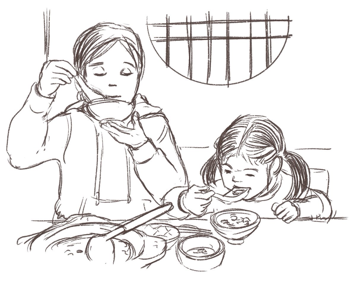 雑炊を食べる娘と奥さん。 