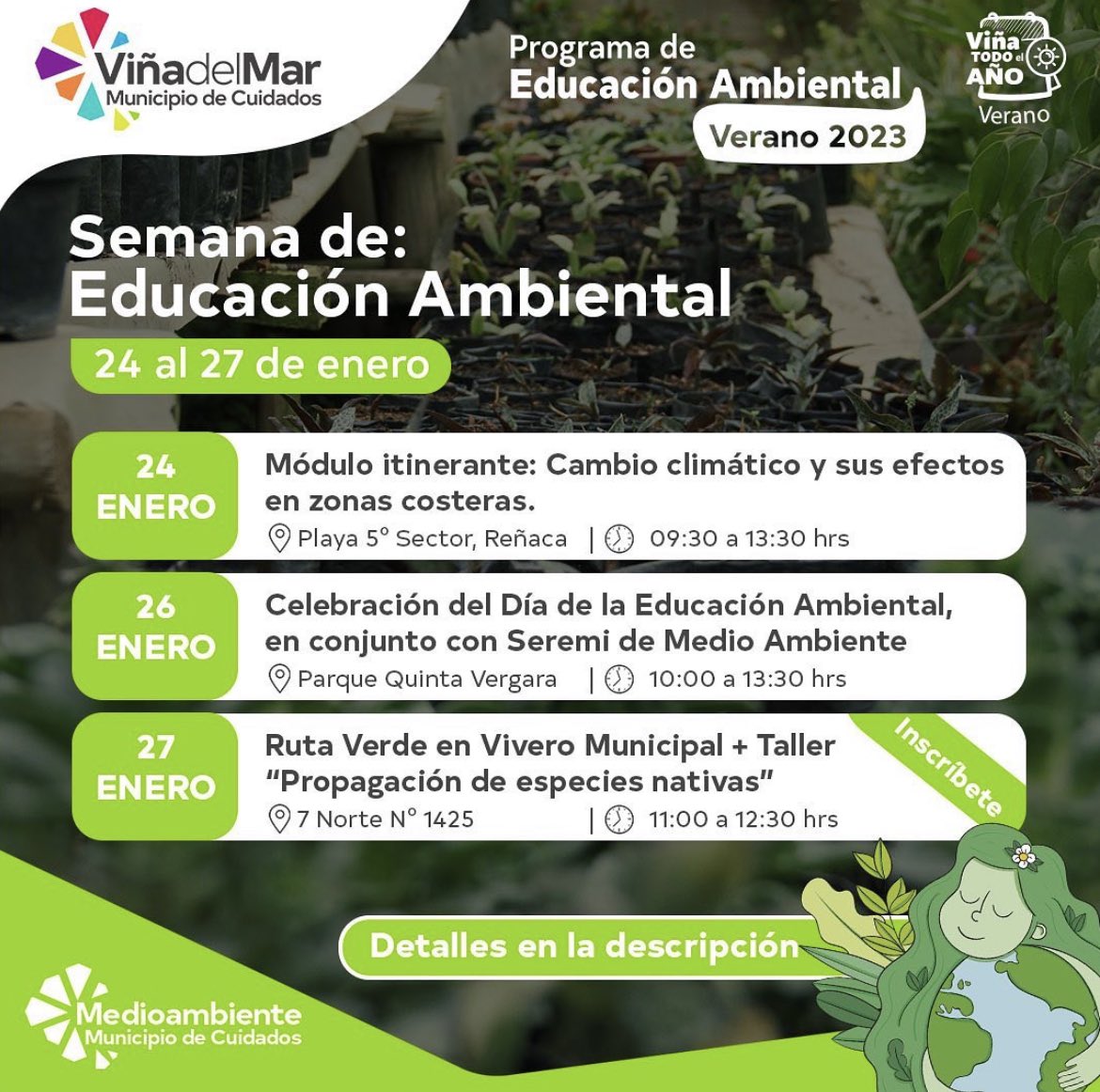 Este jueves 26 de enero, en el marco del Día de la Educación Ambiental, estaremos junto a <a href="/vinadelmar/">Municipio de Viña del Mar</a> en el Parque Quinta Vergara con un stand informativo y educativo sobre nuestros proyectos y los trabajos que hemos realizado junto al equipo de Medioambiente de la ciudad 🌿