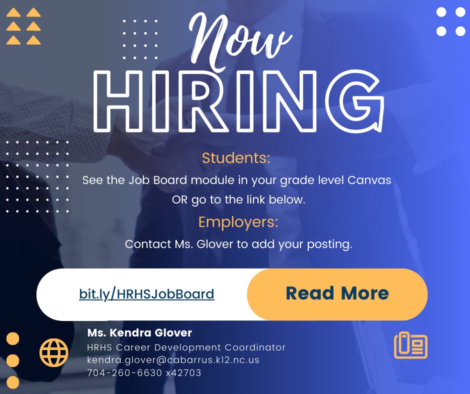HickoryRidgeHS's tweet photo. HRHS students can now check out our job board now active in your grade level Canvas course. If you are an employer looking for student workers, please contact Ms. Glover. @CabCoSchools #ccsrise https://t.co/VcUNI7IFDK