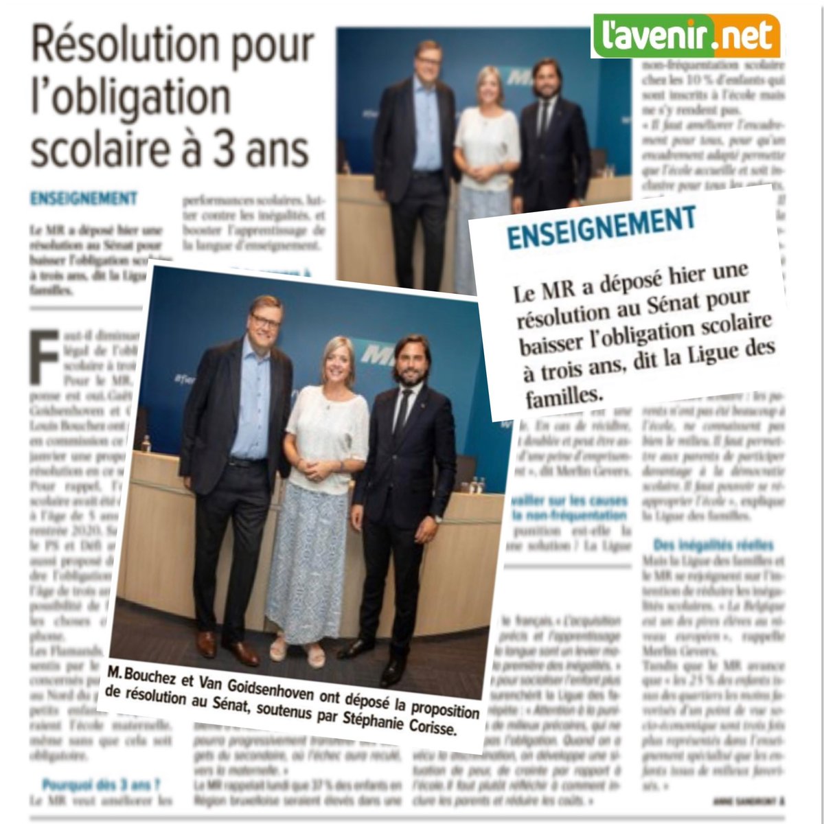 🗣 Nous plaidons avec le <a href="/MR_officiel/">MR</a> pour 𝒓𝒆𝒏𝒅𝒓𝒆 𝒍’𝒆́𝒄𝒐𝒍𝒆 𝒐𝒃𝒍𝒊𝒈𝒂𝒕𝒐𝒊𝒓𝒆 𝒅𝒆̀𝒔 𝒍’𝒂̂𝒈𝒆 𝒅𝒆 3 𝒂𝒏𝒔 ! <a href="/GLBouchez/">Georges-L BOUCHEZ</a> et <a href="/GaetanVanGoids/">Gaëtan Van Goidsenhoven</a> ont porté hier ce débat au Sénat. <a href="/MRSenat/">MR Sénat</a> <a href="/mr_pfwb/">MR PFWB</a> 
🗞 lavenir.net/actu/2023/01/2…