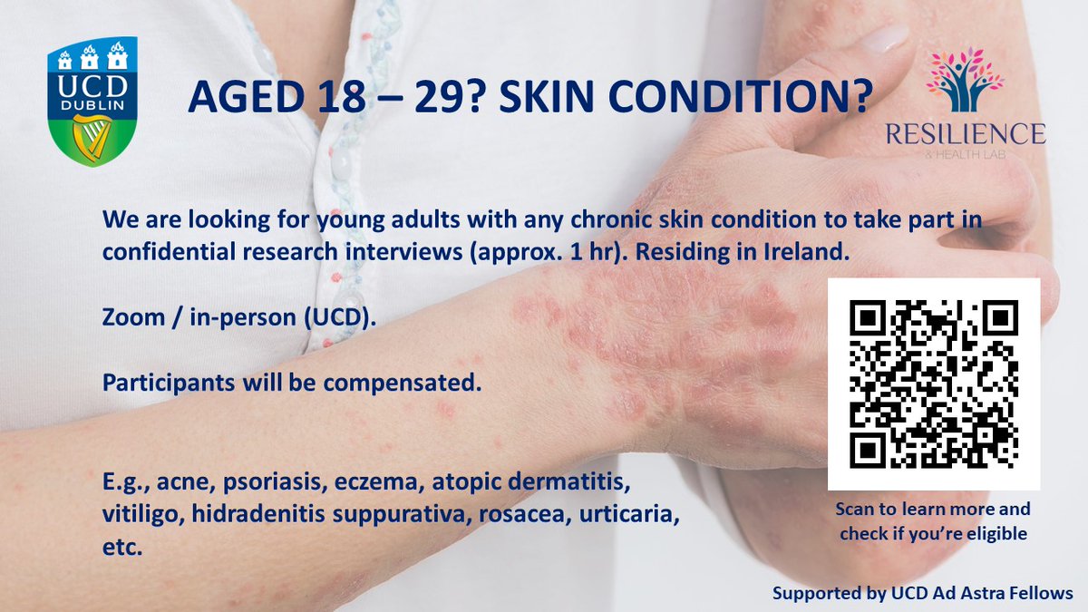 ⌛️Final call for participants!

We're looking for young adults (aged 18-29) with chronic skin conditions to take part in #research interviews.

Learn more by following the link/QR code below.
shorturl.at/lCGLU

#skin #Eczema #Psoriasis #HS