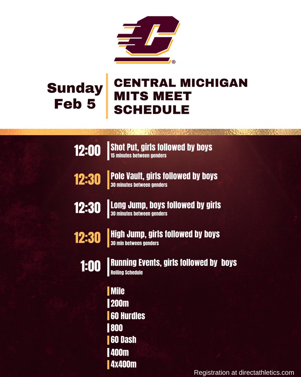 CMUtrack's tweet photo. MITS Meet, Sunday February 5th.  Hope to see you there! 🔥⬆️

*updated schedule 😊 https://t.co/UvLRWwRyyZ