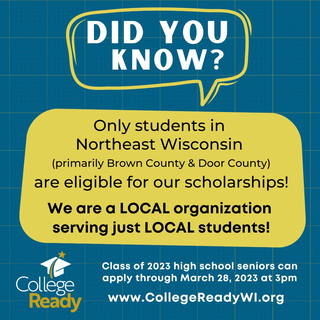 CollegeReadyWI's tweet photo. CollegeReady awards over $450,000 in scholarship funding each year - and it's ONLY available to #local students! 
Do you know a high school senior who is headed to #college this fall? Please encourage them to apply for our #scholarships! https://t.co/7totEfWpIY https://t.co/kMWZpwnKwP