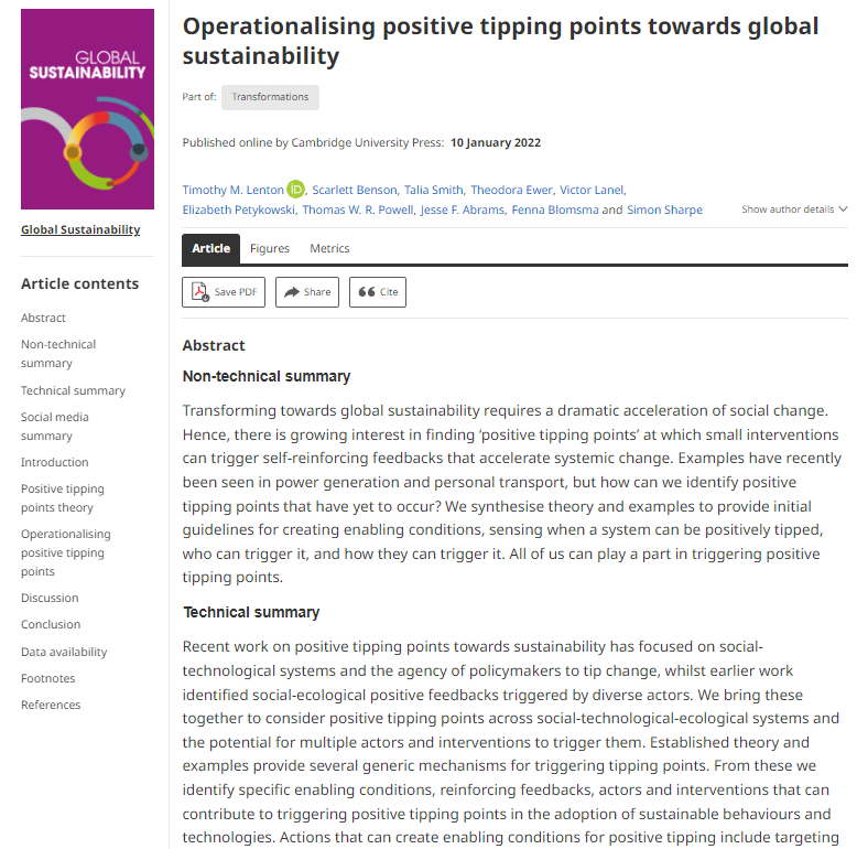 Operationalising positive tipping points towards global sustainability bit.ly/3WA3ycs.

By Timothy M. Lenton et al

#AcademicTwitter #OpenAccess #journals #publishing #transformation #Sustainability #tippingpoint