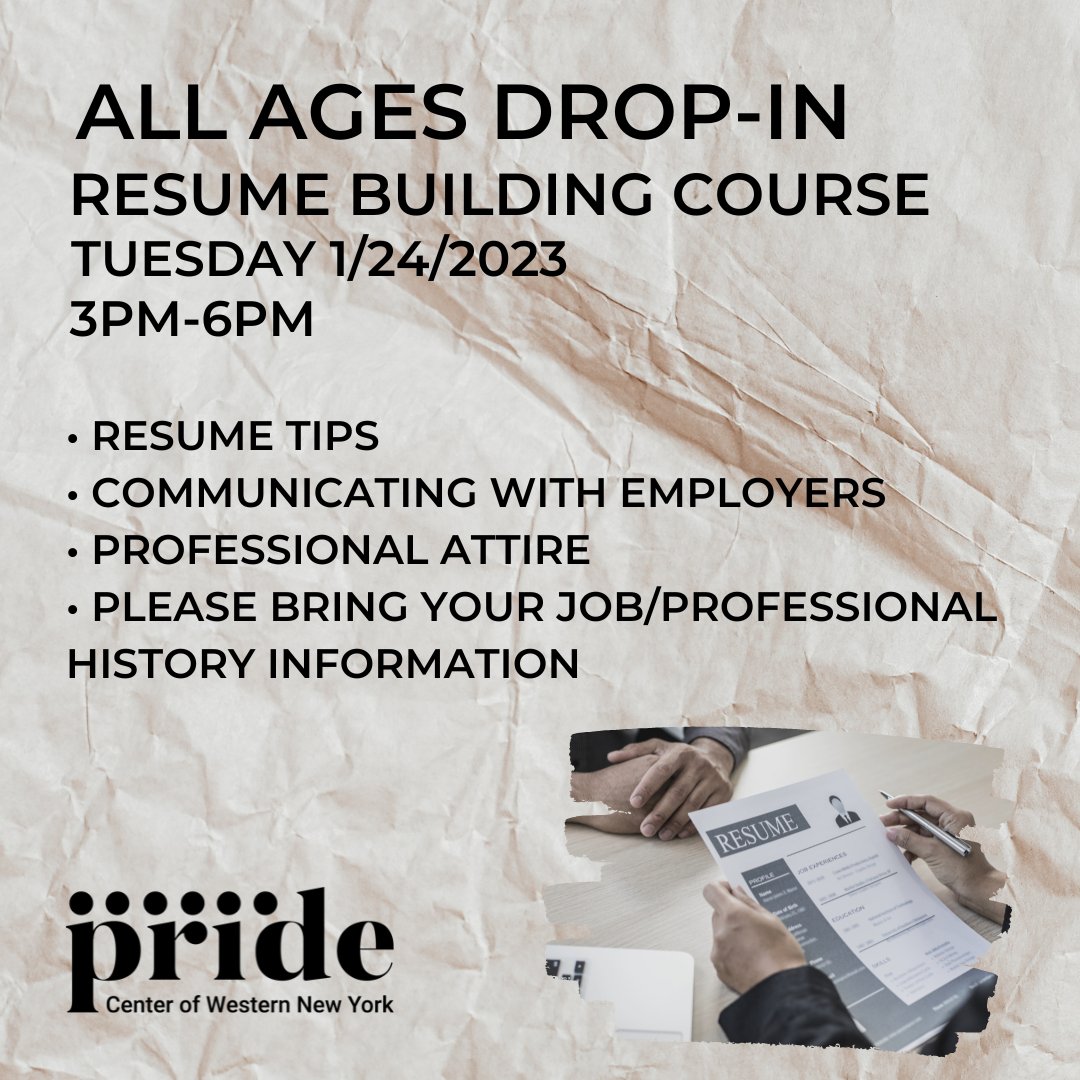 Hello friends! Stop by the Pride Center today for our Resume Building Course. Bring your job and professional history info to create a strong resume and we'll help out with the rest! It's happening during our All-Ages Drop-In today January 24th from 3-6pm, see you there!✅✅
