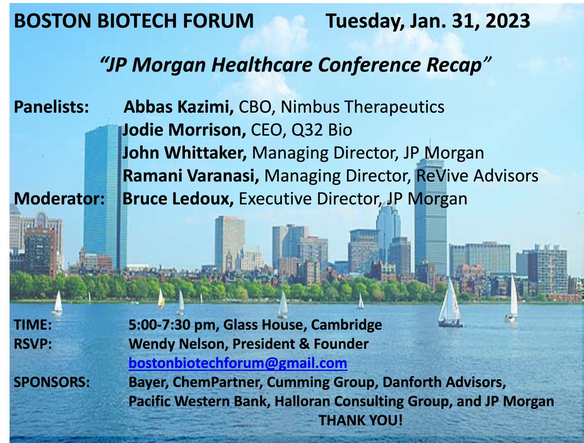 Nimbus Chief Business Officer Abbas Kazimi will join a panel discussion hosted by the <a href="/BosBiotechForum/">Boston Biotech Forum</a> on Jan 31 to recap the <a href="/jpmorgan/">J.P. Morgan</a> Healthcare Conference and the recently announced agreement with <a href="/TakedaPharma/">Takeda</a> regarding our TYK2 inhibitor program.
