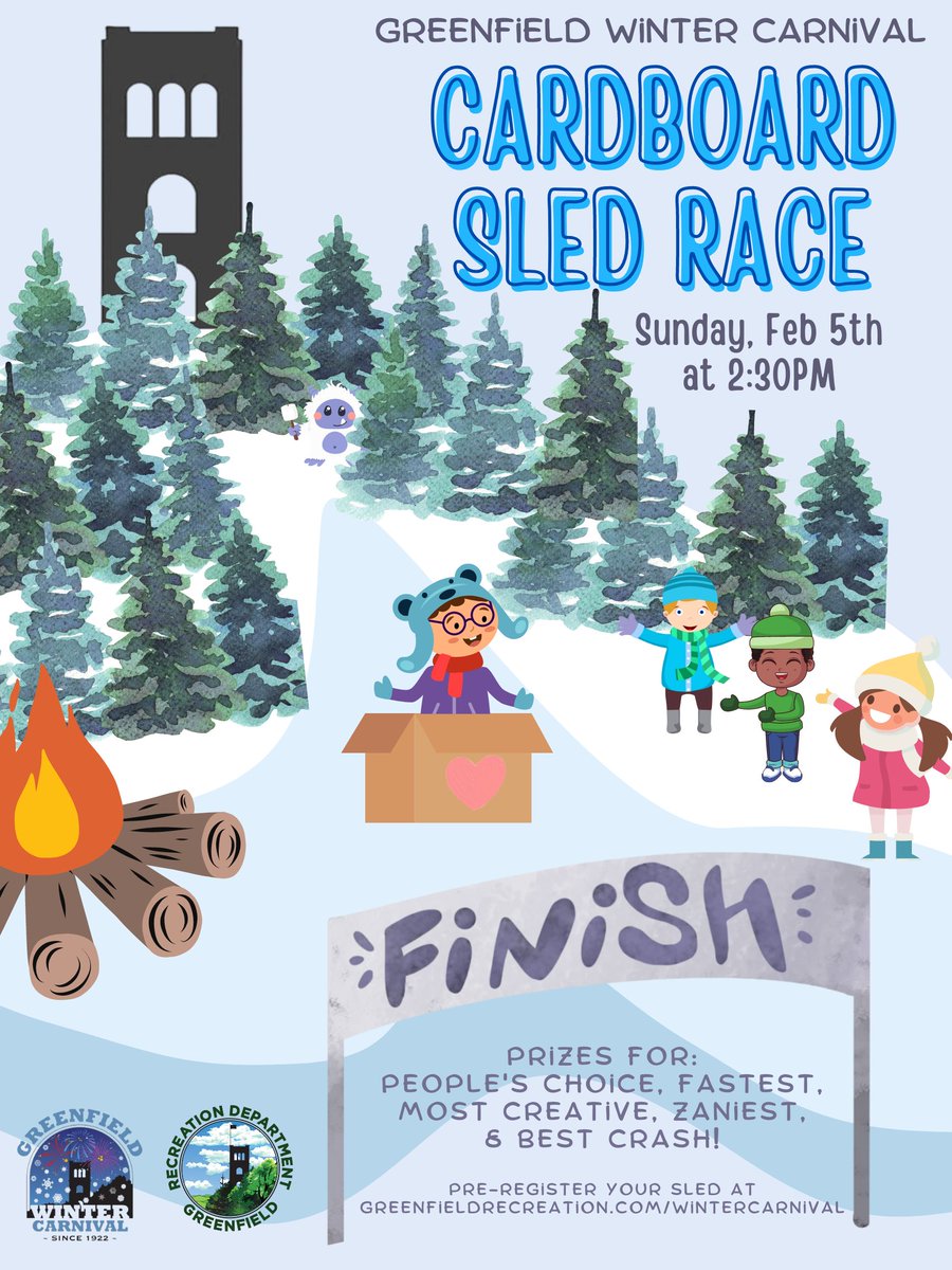 Cardboard Sled Race February 5th @ Beacon Field! Race down the hill in your one of a kind custom cardboard sled. Your creativity is limitless and just about anything goes- from a rocket ship to a pile of pancakes! ❄️📦🛷
#greenfieldwintercarnival #cardboardsledrace #letitsnow