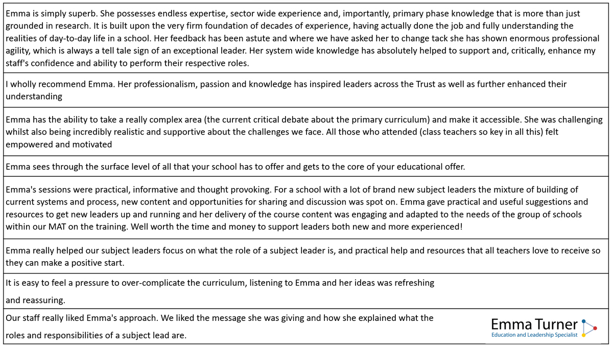 Interested in primary subject leadership or primary curriculum design? New contact details for enquiries to support schools &amp; trusts with all aspects of subj leadership &amp; curric development. Get in touch via  emma@emmalturner.co.uk &amp; see below what other HTs &amp; Trust leads think.