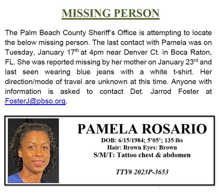 PBCountySheriff's tweet photo. Help us find Pamela, a missing person from Boca Raton, FL. Last contact with her was on 1/17 at 4 PM near Denver Ct. She was reported missing on 1/23 and was last seen wearing blue jeans & a white t-shirt. Contact Det. Foster at fosterj@pbso.org with any info. #FindPamela https://t.co/Shnxofu73g