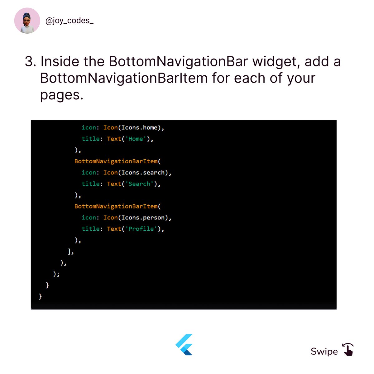 Joy33676407's tweet photo. - The items property of the BottomNavigationBar is used to create the tabs themselves.
- Also, the body property of the Scaffold is used to display the content of the page that corresponds to the selected tab.
#fluttercommunity #fluttergirl #appdesign #mobiledesign https://t.co/xXMucDaWLX