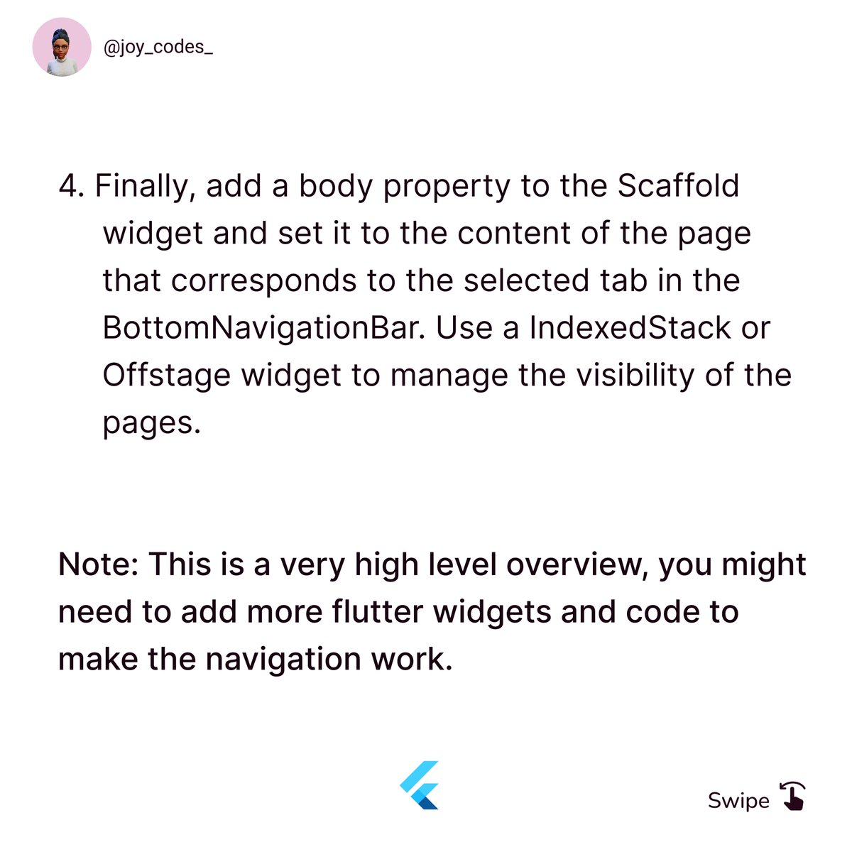 Joy33676407's tweet photo. - The items property of the BottomNavigationBar is used to create the tabs themselves.
- Also, the body property of the Scaffold is used to display the content of the page that corresponds to the selected tab.
#fluttercommunity #fluttergirl #appdesign #mobiledesign https://t.co/xXMucDaWLX