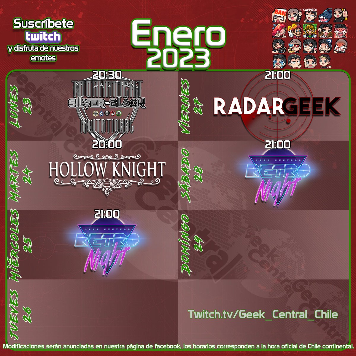 GCentralChile's tweet photo. #Calendario Semanal Lun 23 a Dgo 29 Enero 2023
Acompáñanos, apóyanos y síguenos en redes sociales: https://t.co/U8v2DQkEGe
Torneo #SilverBlackDraft INVITATIONAL #MTGBRO #MTGArena | #HollowKnight | #Retrogaming #SNES #Record | #RadarGeek #Noticias #Actualidad | #Twitch https://t.co/AZRMxNQUVX