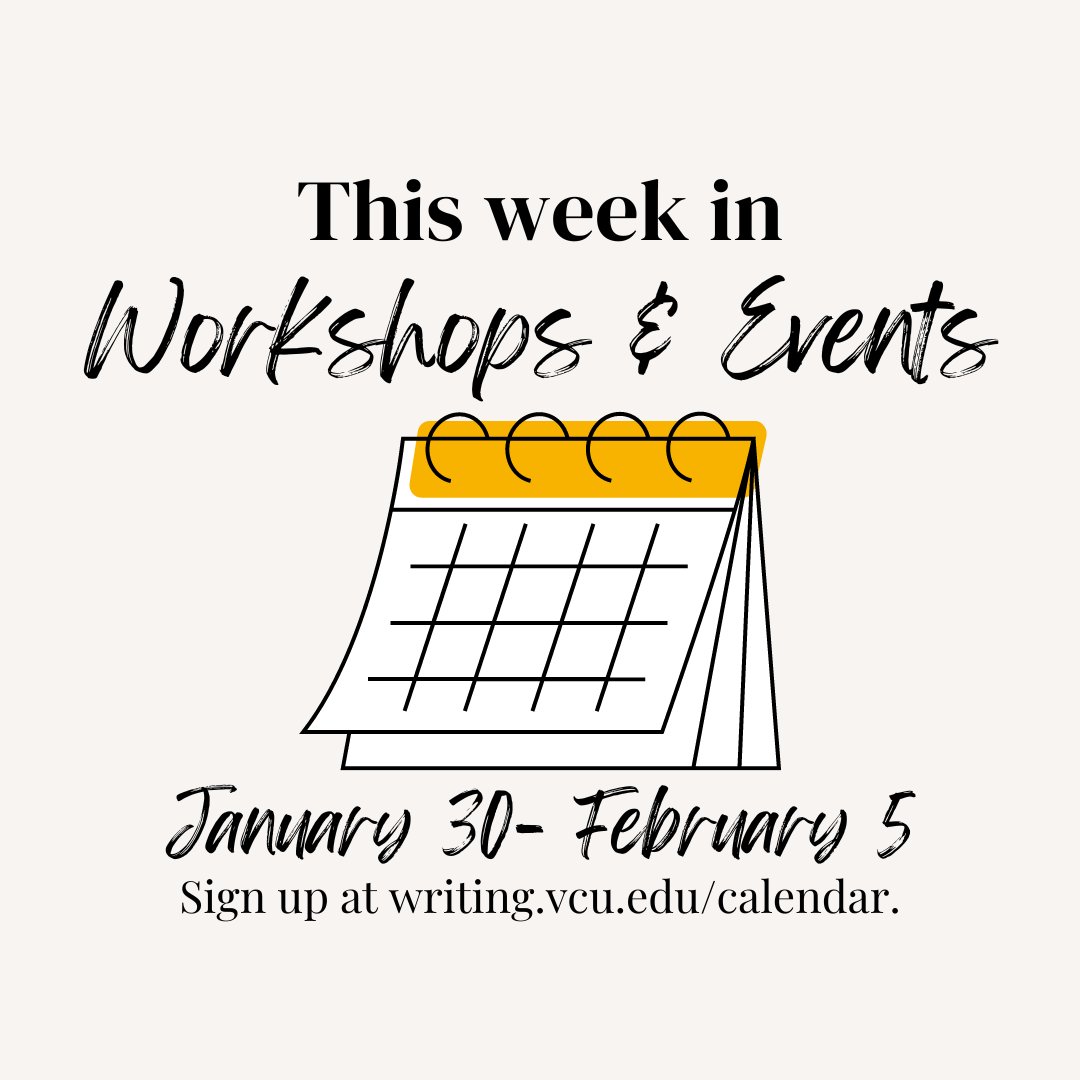VCUWritingCtr's tweet photo. Check out this week's workshops!
-Writing With Confidence Workshop on Monday, January 30 at 6 pm
-Personal Statement Workshop on Tuesday, January 31 at 4 pm.

#vcu #virginiacommonwealthuniversity
#vcuwritingcenter #vcuwritestuff #vcurams #vcu2026
#vcu2025 #vcu2024 #vcu2023 https://t.co/gG0d8ThE8W