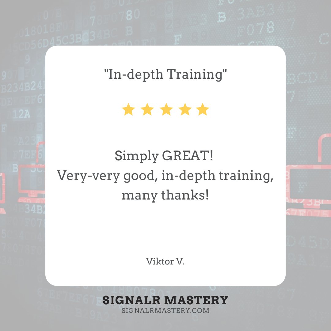1kevgriff's tweet image. "Simply Great!"
⭐⭐⭐⭐⭐
Thanks for the feedback, Viktor! Join our fantastic students like Viktor and learn how to build excellent #realtime web applications with #SignalR.
Check it out: signalrmastery.com
#dotnetframework #dotnet6 #dotnetcore #aspnetcore