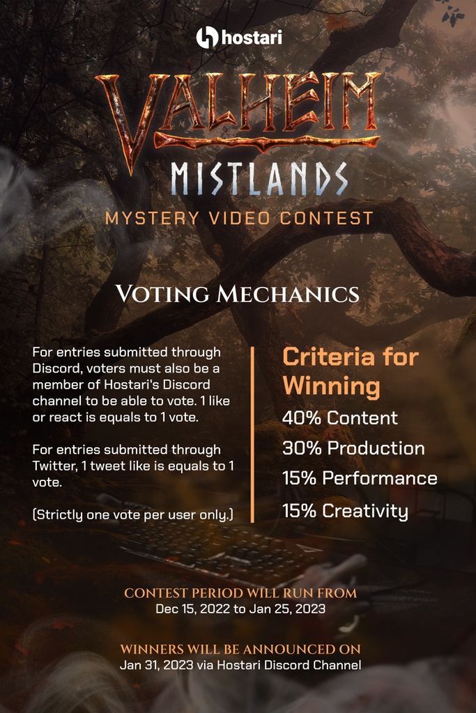 HostariOfficial's tweet photo. Are you the ultimate Viking in #Valheim #Mistlands? 

Prove it and win awesome prizes! 

We're searching for the most exciting and thrilling gameplay videos; share your triumphs and join the contest now. 

Follow us on Discord for full details: https://t.co/PnDPX9m4B3 
#pcgaming https://t.co/PKzNj7OElO
