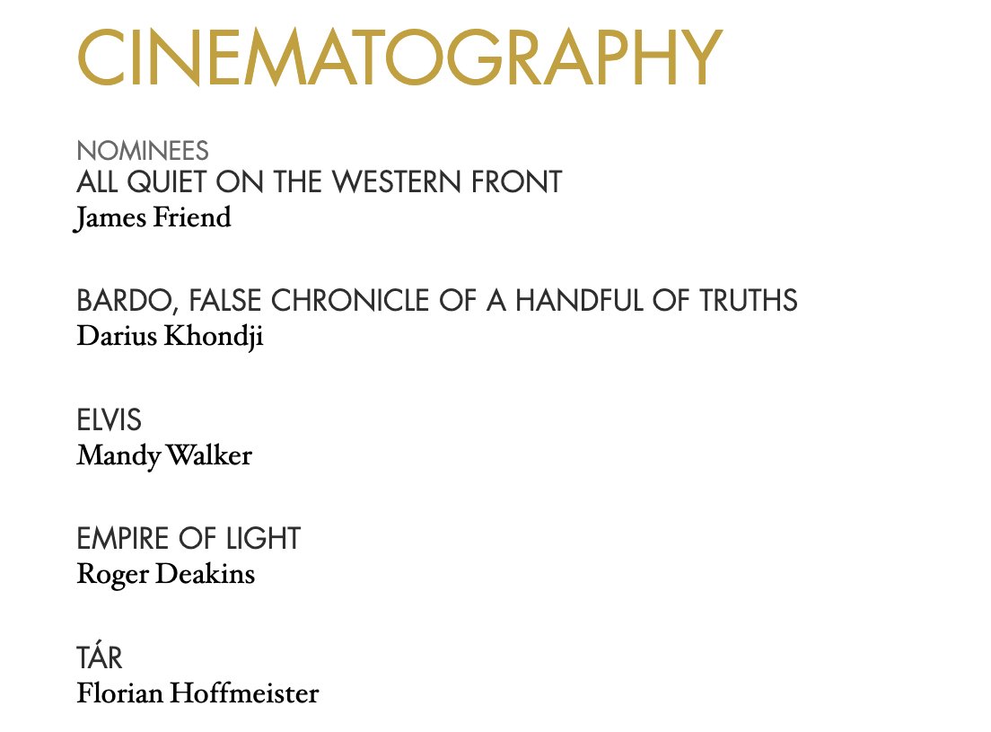 metaplexmovies's tweet photo. I knew DECISION TO LEAVE and NOPE would have a tough time cracking into Best Cinematography, but it hurts even worse when the actual category looks like this https://t.co/0lwb3STy3n