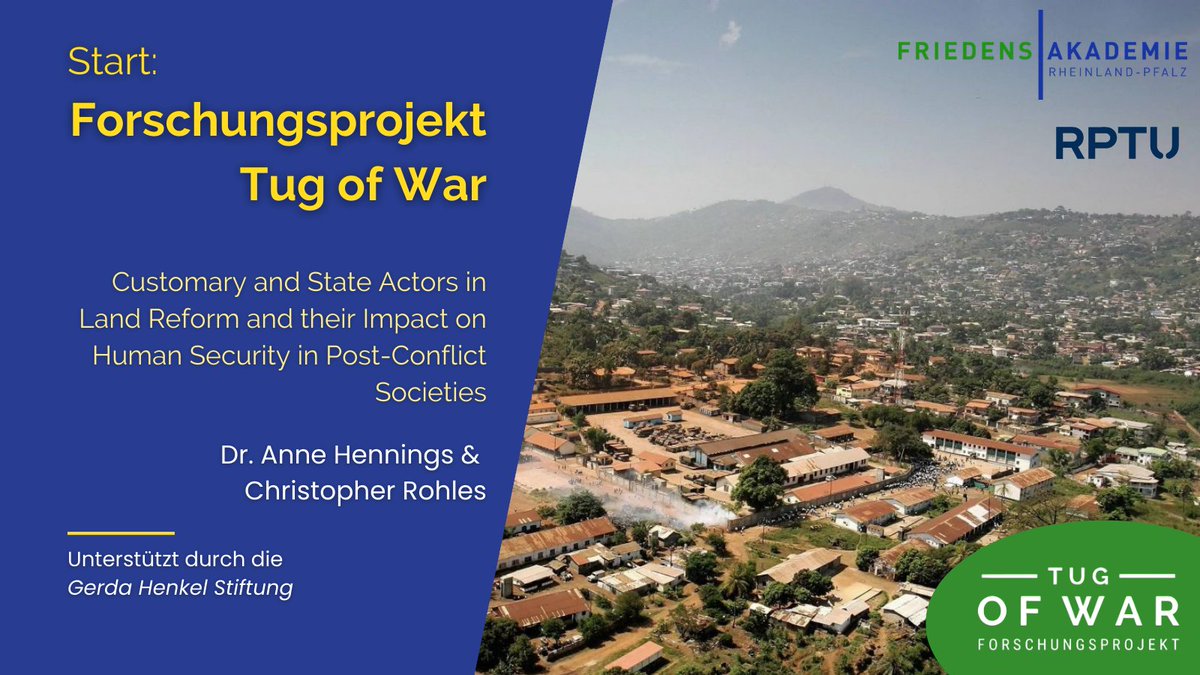 Das #Forschungsprojekt „Tug of War: Customary &amp; State Actors in Land Reform &amp; their Impact on Human Security in Post-Conflict Societies“ startet in die nächste Phase.  Dr. Anne Hennings &amp; Christopher Rohles starten ihre Feldforschung in #SierraLeone. 

uni-koblenz-landau.de/de/friedensaka…