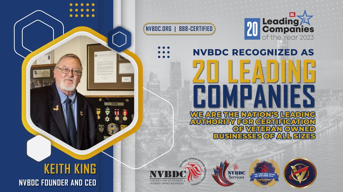 National Veteran Business Development Council - NVBDC has been recognized as one of the 20 Leading Companies of the Year by Global Business Leaders.

Learn more by visiting their website: bit.ly/3WmGr5f

#VeteranCertification #veteranbusiness #keithkingveteran