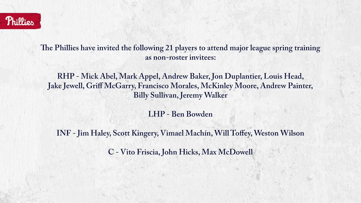 Phillies's tweet photo. The Phillies have invited the following 21 players to attend major league spring training as non-roster invitees: https://t.co/pwk1AAFyyG