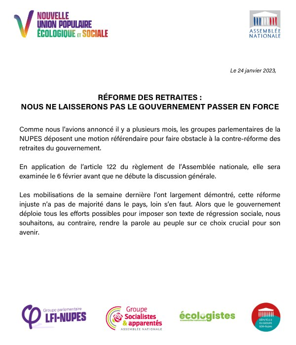 🔴 Les Français ne veulent pas de la réforme des retraites ! 

C'est pourquoi, avec la #NUPES, nous déposons une motion référendaire afin que puisse se tenir un référendum sur la réforme des retraites ! Macron et Borne doivent reculer !