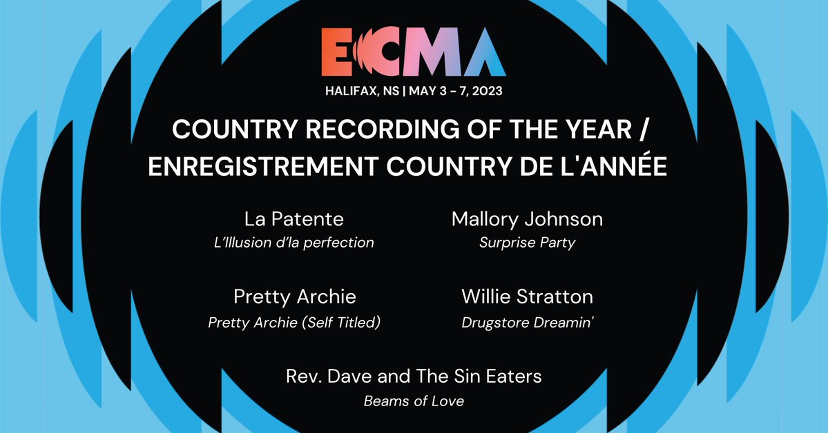 ecmaofficial's tweet photo. #ECMA35 Country Recording of the Year/Enregistrement Country de l'année nominees!🏆

- La Patente -L’Illusion d’la perfection
- @maljohnsonmusic -Surprise Party
- @heyprettyarchie  -Pretty Archie
- Rev. Dave and The Sin Eaters -Beams of Love
- @williestratton  -Drugstore Dreamin' https://t.co/XgXsrPUt6N