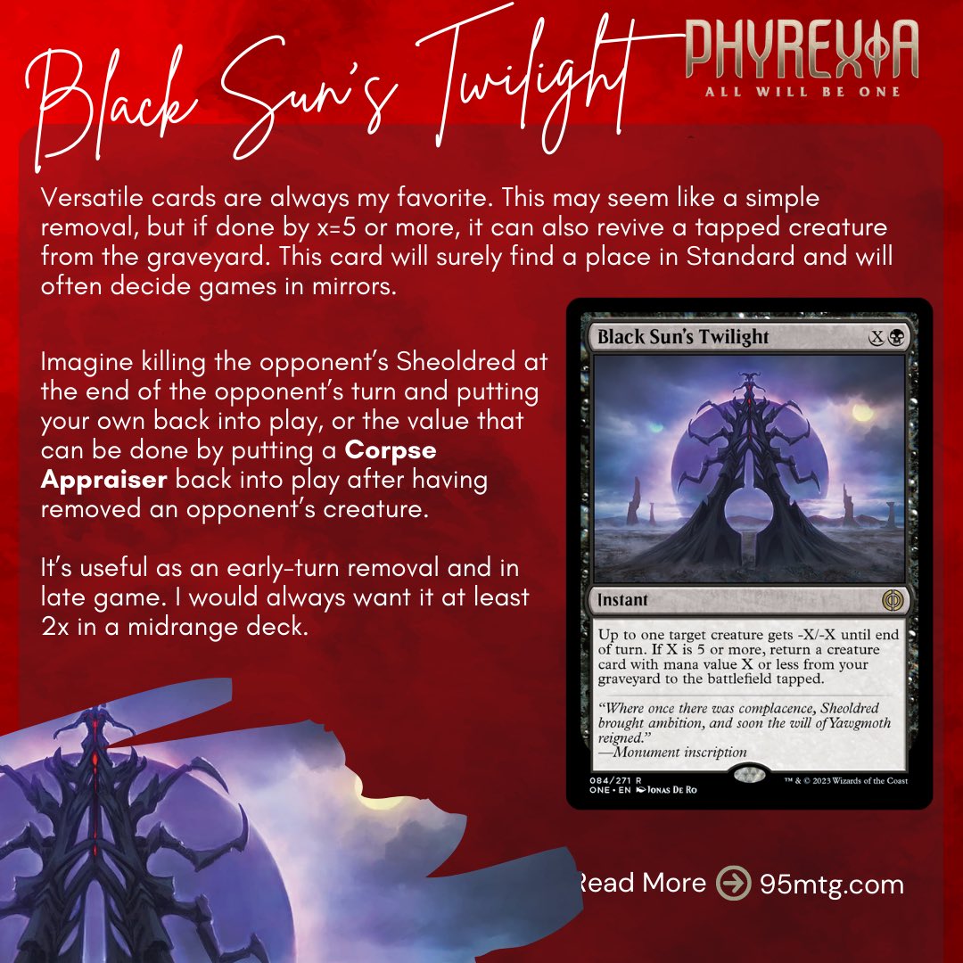 👽🩸𝗣𝗵𝘆𝗿𝗲𝘅𝗶𝗮: 𝗔𝗹𝗹 𝗪𝗶𝗹𝗹 𝗕𝗲 𝗢𝗻𝗲 is coming, and today we’ll look at spoilers to see where some announced cards might find a place.

Read here ➡️ articles.95mtg.com/my-first-look-…

#95mtg