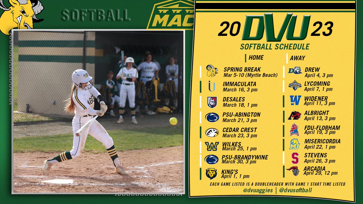 DVUAggies's tweet photo. It's time for our first schedule release for the spring! Take a look at the 2023 softball schedule which begins in Myrtle Beach on March 5th! #TogetherWeDoMore || @DelValSB https://t.co/18YPcLCCDE