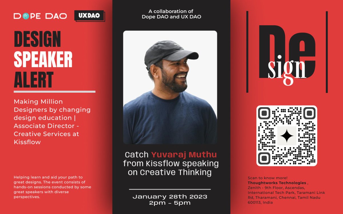Catch <a href="/YuviMastermind/">Yuvaraj Muthu</a> , the associate director of Creatives services of <a href="/kissflow/">Kissflow</a> speaking on the Creative Thinking! 🙌

Register now!! 

#design #Web3 #web3community #dopedao #DeSign #community