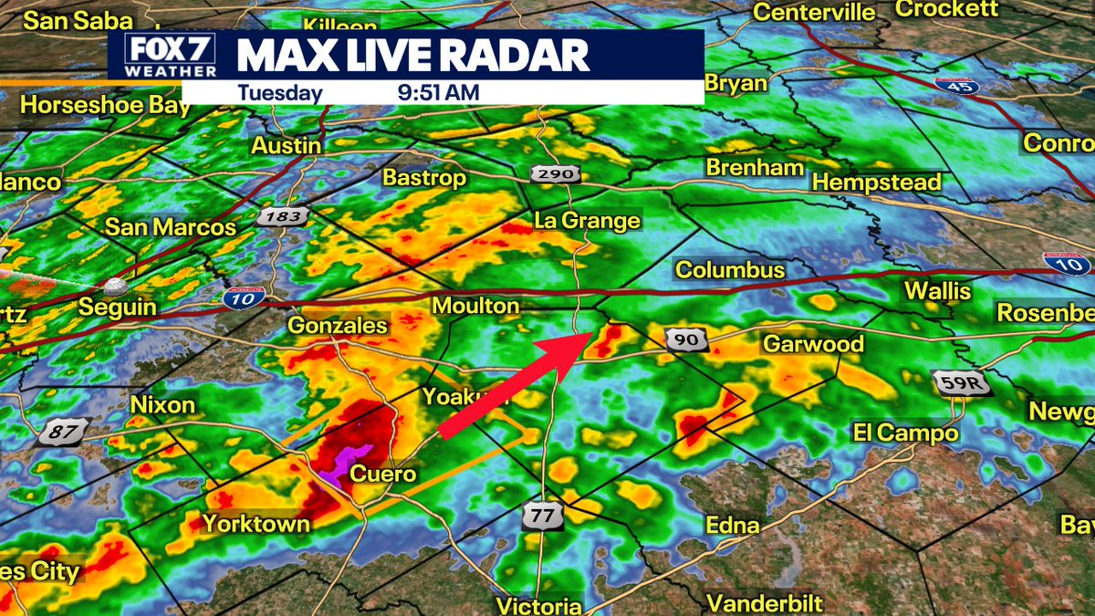 There is the first severe storm warning of the day. We have a hailer heading for Cuero. The storm is cruising to the northeast and could be flirting with Southern Fayette county in the next hour. #severeweather #FOX7Austin #txwx #stormthreat