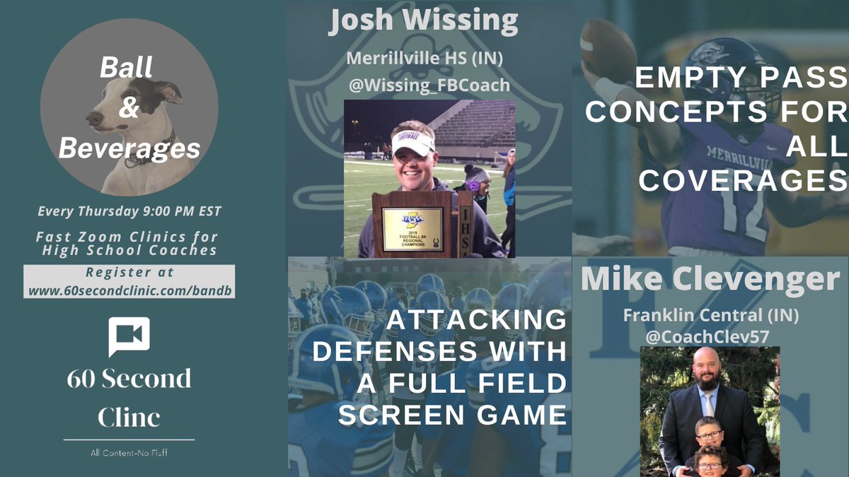 This Thursday is going to be a good one! 

Coach <a href="/Wissing_FBCoach/">Josh Wissing</a> will discuss the <a href="/mhspiratefball/">MerrillvilleFootball</a> Empty Pass Concepts to attack multiple coverages.

Then <a href="/CoachClev57/">Mike Clevenger</a> will talk about the <a href="/FCFlashesFB/">FC Flashes Football</a> Screen Game!

Clinics are free signup at 60secondclinic.com/bandb