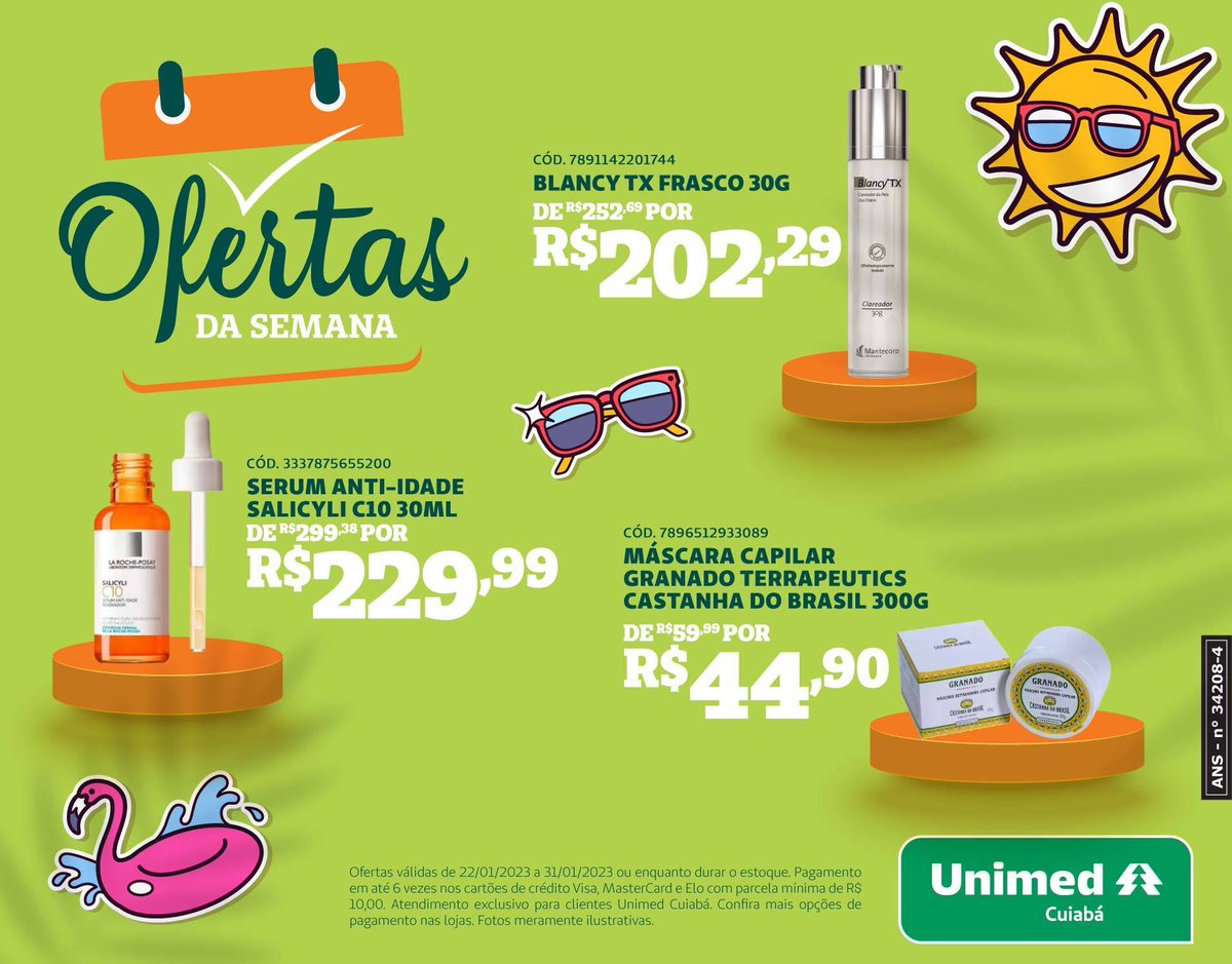 Unimed_Cuiaba's tweet photo. A Farmácia Unimed preparou ofertas especiais para você aproveitar o verão ao máximo!
Dá uma olhadinha aqui, passe para o lado e confira tudo que tá rolando. 😎🏝💚E você também pode pedir pelo telefone e receber tudo aí na sua casa.📞Disk-entrega (65) 3648-8888 https://t.co/eSF6T9U1Rz