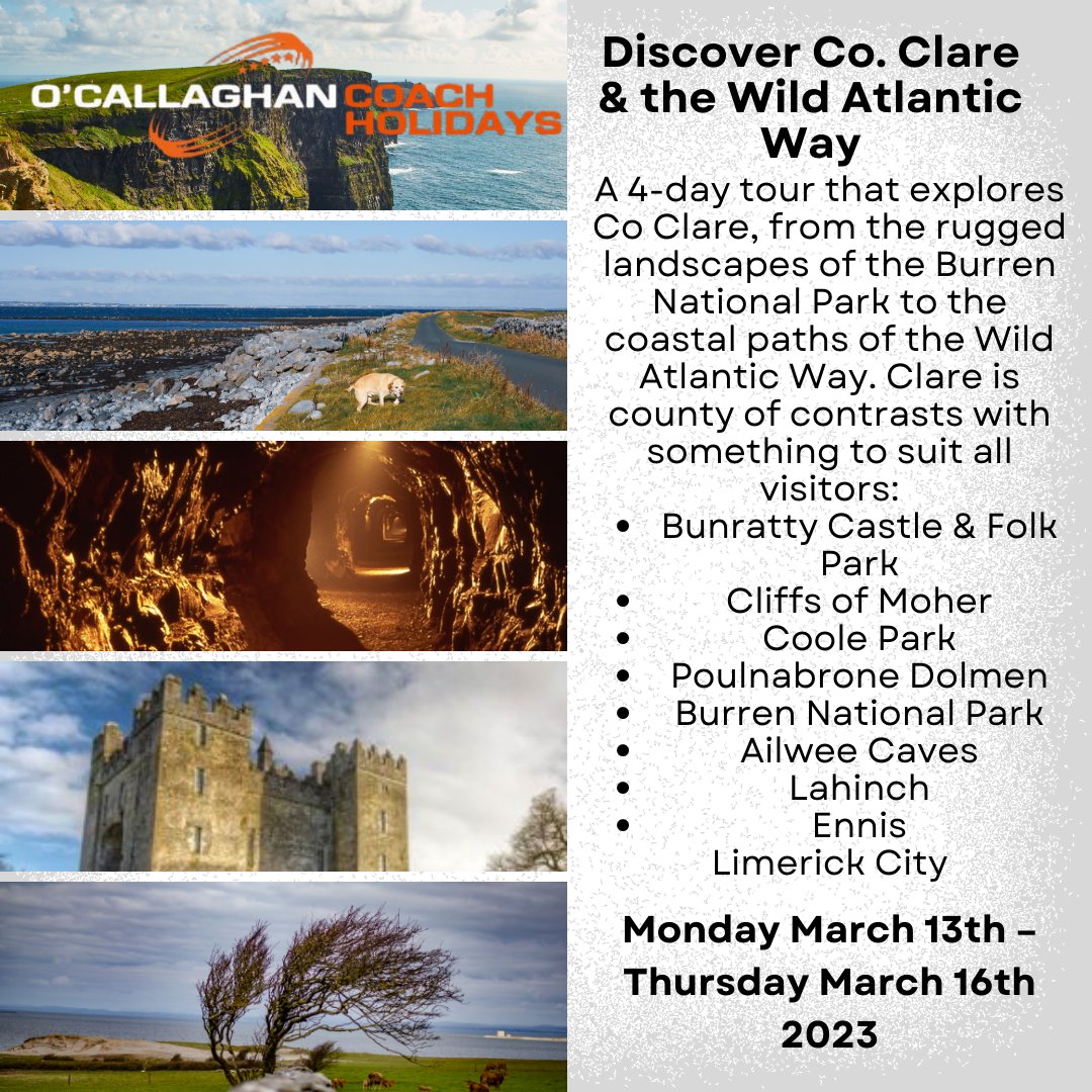 Explore Co. Clare, from the rugged landscapes of the Burren National Park to the coastal paths of the Wild Atlantic Way. 
Put the spring back in your step, book your getaway 13th-16th March with pick up points in Kerry, Cork, Limerick, Kildare, Portlaoise and Dublin!
#visitclare