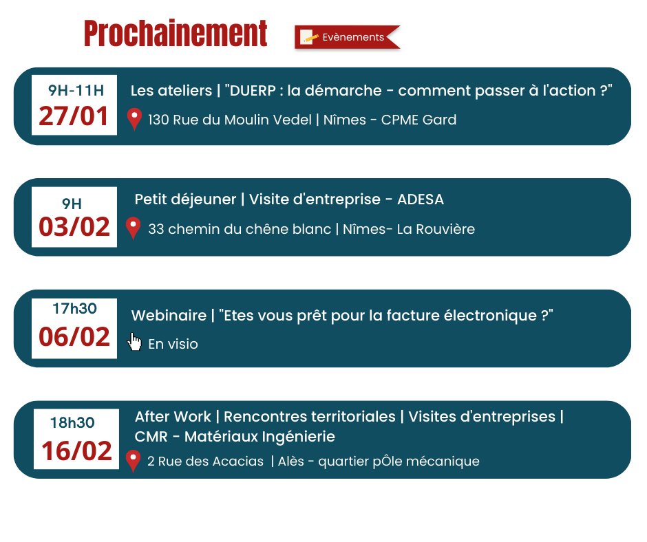 cpme30's tweet image. [ Prochains évènements📆]

📢À vos inscriptions ! 

Rendez-vous sur notre site internet ! 
👉 cpme30.fr

@sabrina_igel
 
#CPME #gard #TPE #PME #chefdentreprise #défendre #représenter #entreprises #1ereOrganisationPatronale #evènements