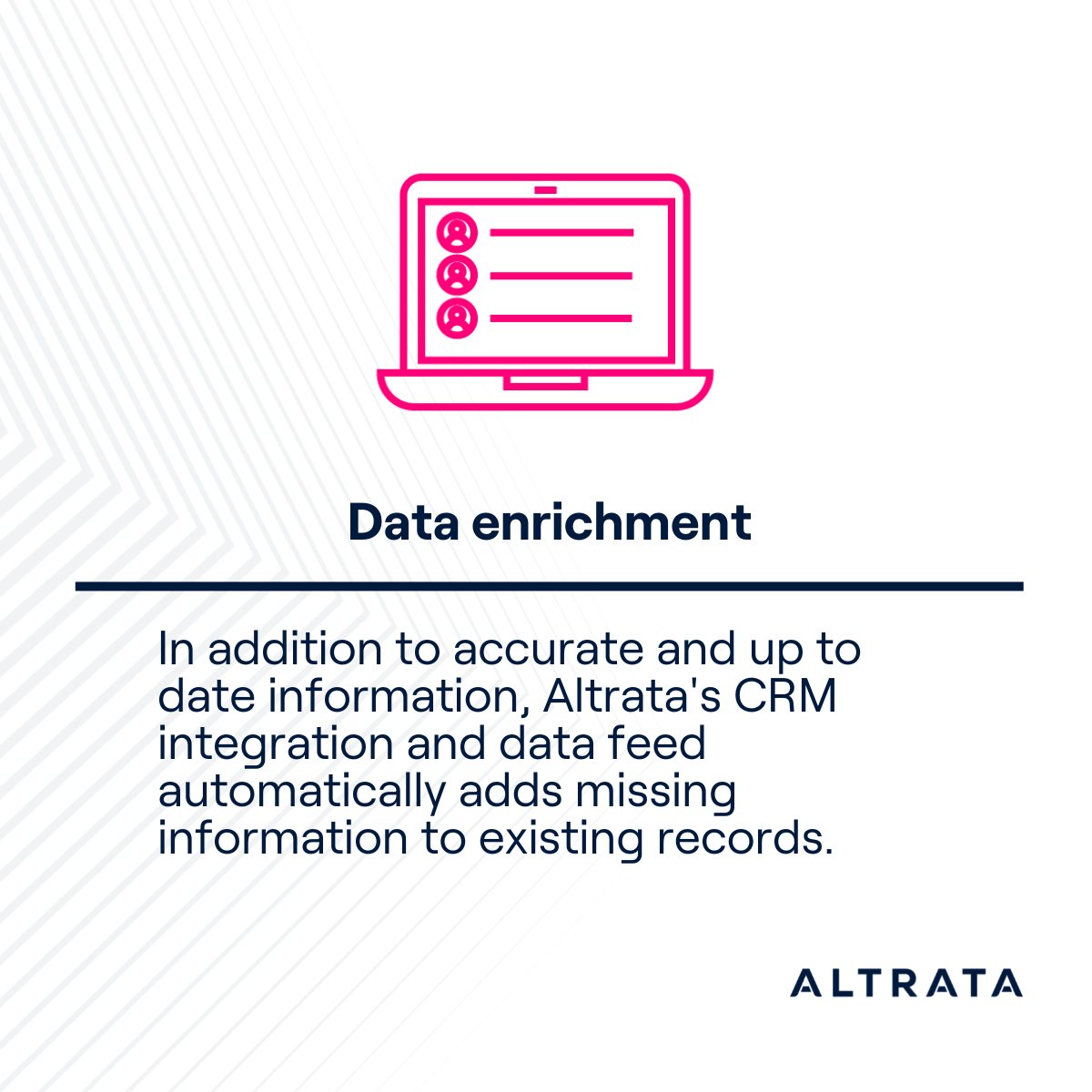 AltrataOfficial's tweet image. Direct integrations and data feeds can immediately enhance your CRM system. Find out how enhancing your CRM data can supercharge your prospecting strategy - bit.ly/3Hqjytl

#crm #crmsystem #crmdevelopment #crmsoftware #crmsolutions