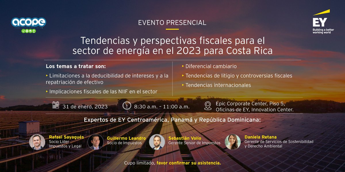 EYCentroamerica's tweet photo. #EYEvents | Le invitamos a participar en nuestro próximo evento presencial del año: Tendencias y perspectivas fiscales para el sector energía en el 2023 para Costa Rica, el 31 de enero. Para inscripciones, complete el siguiente enlace: https://t.co/eR1Bi43Rcm
*Cupo limitado https://t.co/orzp9AQ26C